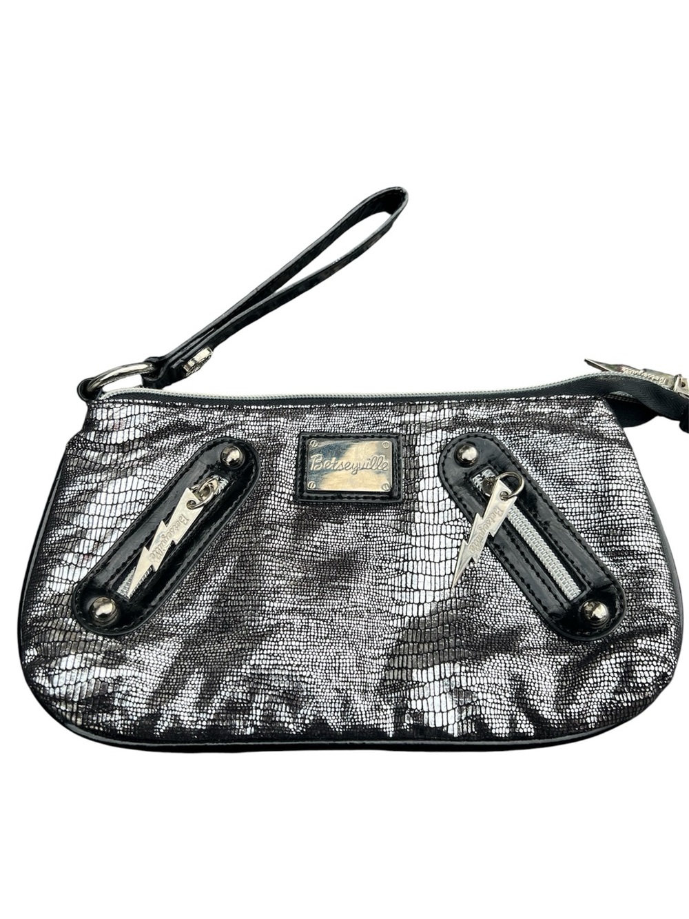 Betsey Johnson Silver Metallic Wristlet Clutch with Lightning Zip Pulls